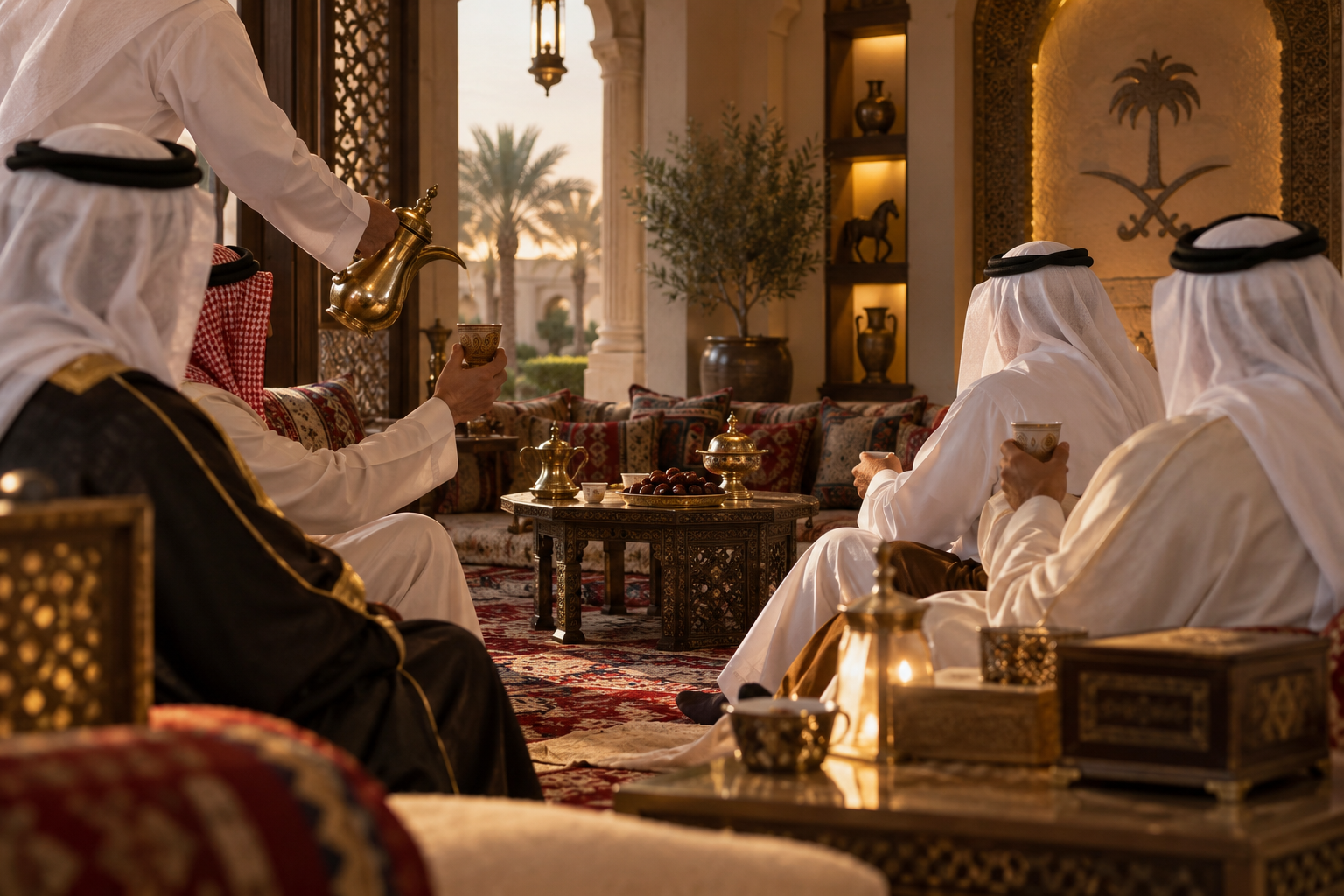 Residential interior design Dubai: cushioned majlis seating with Arabic coffee served from a brass dallah