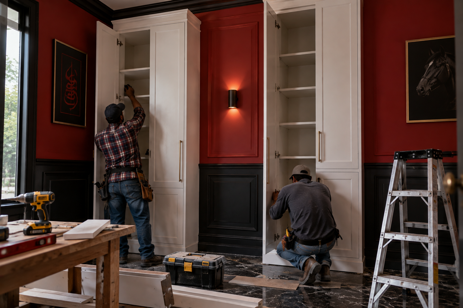 Two carpenters levelling and fixing bespoke cabinetry during a carpentry installation in Dubai