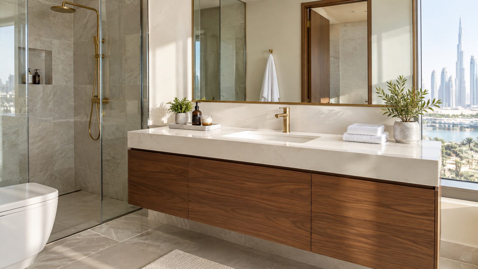 Bespoke bathroom furniture: a wall-hung walnut vanity with a white basin, a large mirror and tall storage