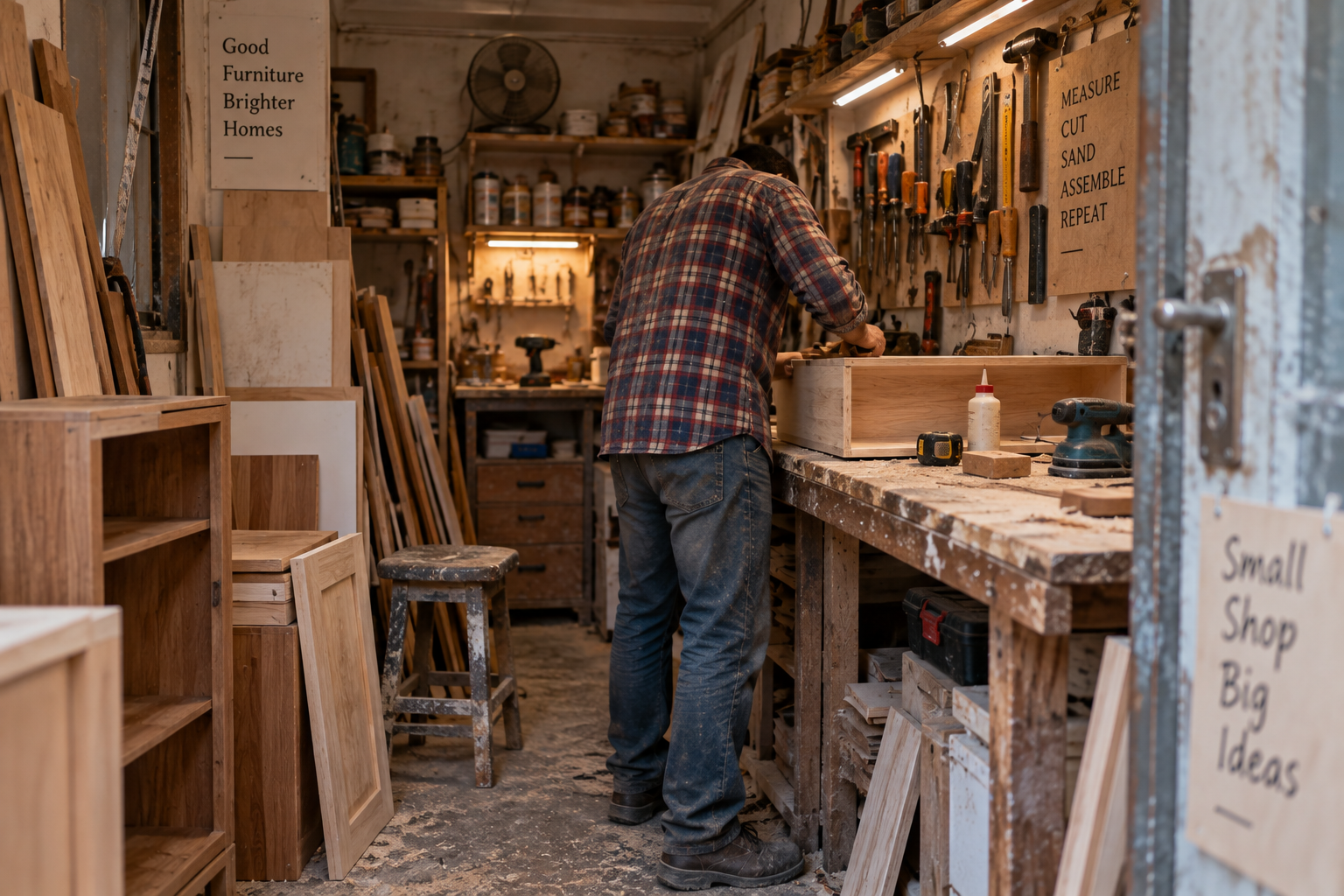 A craftsman assembling a cabinet at a bench in our Dubai carpentry workshop