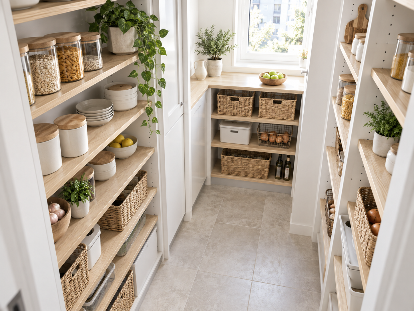 Compact white pantry with pale oak shelves, baskets and adjustable food storage.
