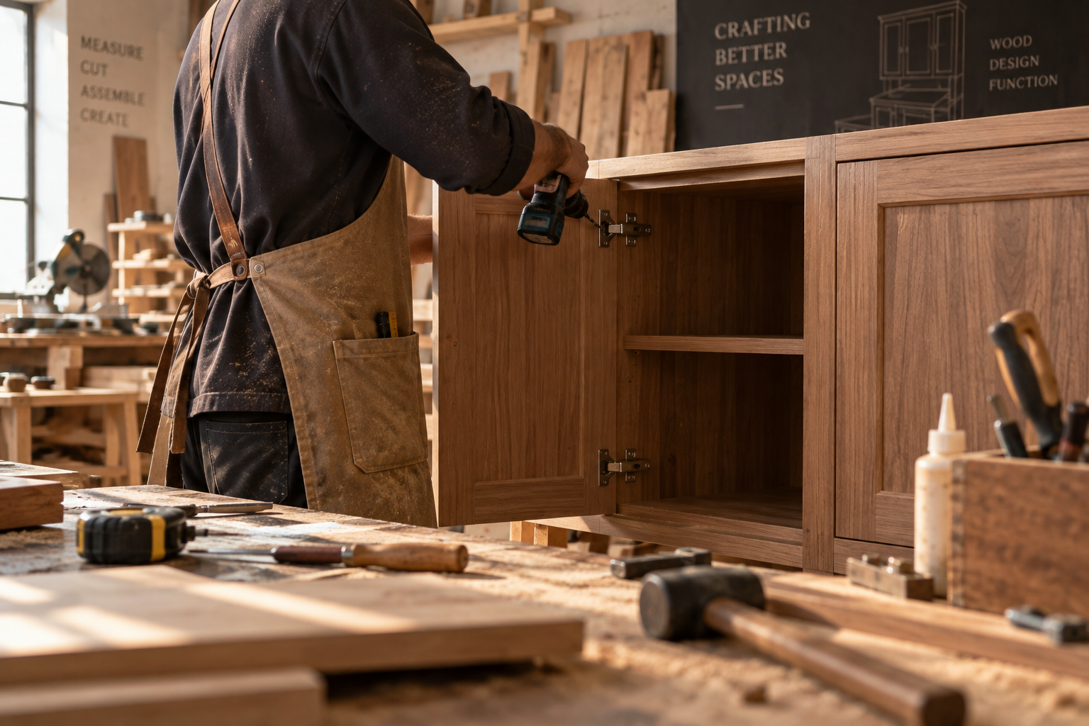 A carpenter fitting a soft-close hinge to a solid oak cabinet door in our Dubai workshop
