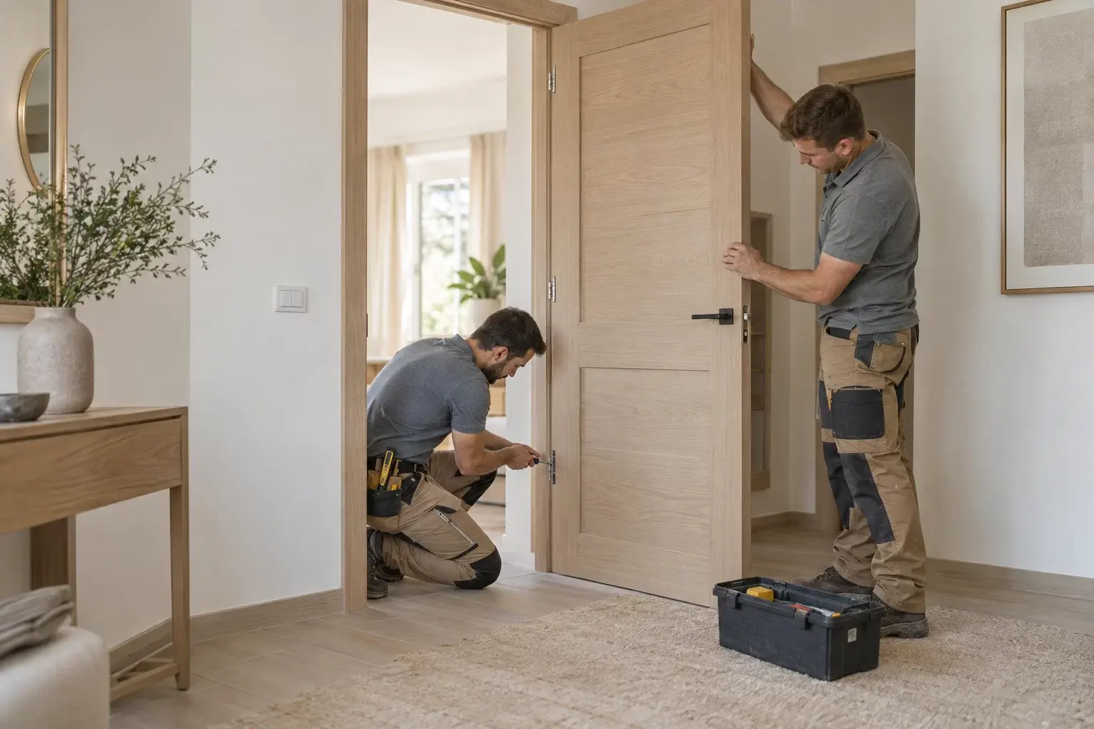 Bamboo Woodworks carpenter fitting a solid interior door in a Dubai villa
