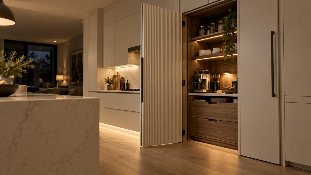 Concealed walnut pantry coffee station behind a ribbed cabinet door.