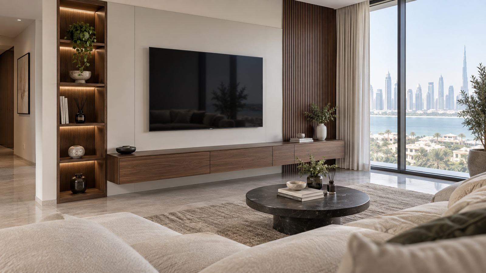 Custom furniture in Dubai: a floating walnut TV console with fitted shelving and concealed cable space