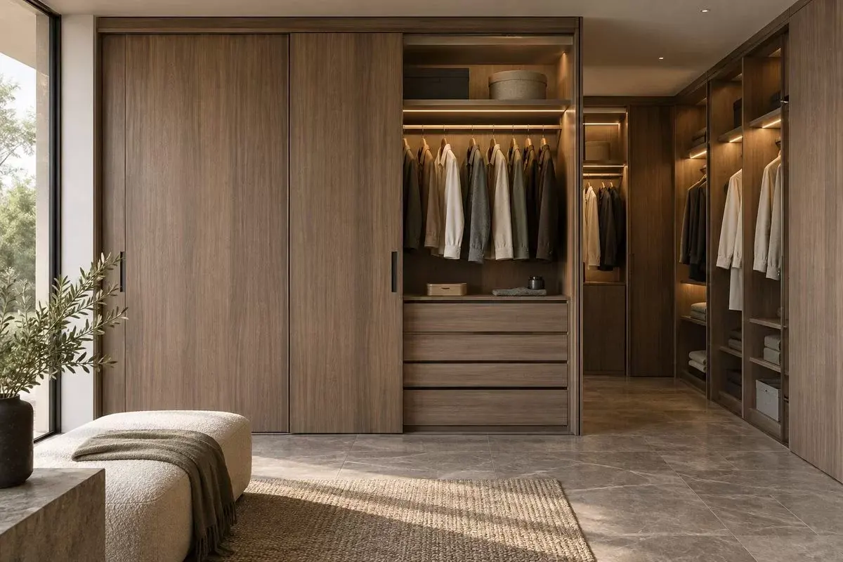 A fitted walk-in wardrobe with sliding veneer doors, internal drawers and hanging rails, installed in a Dubai villa