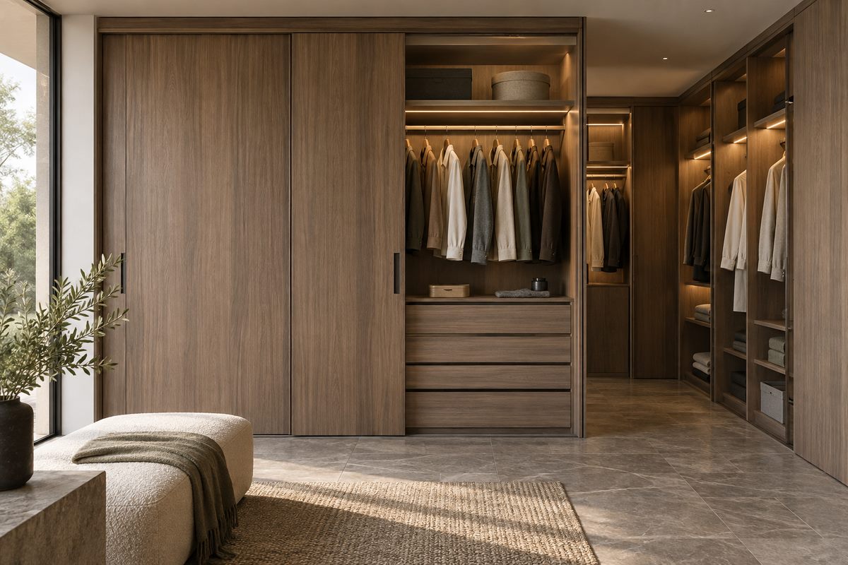 Custom furniture in Dubai: a fitted walk-in wardrobe with sliding veneer doors, internal drawers and hanging rails