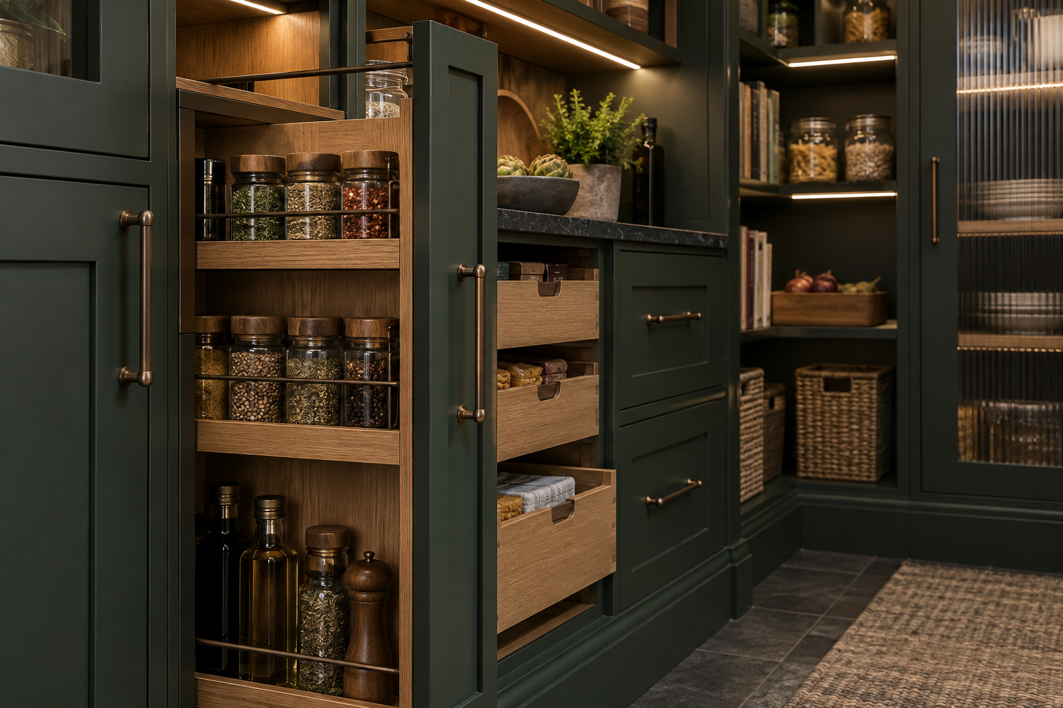 Deep green custom pantry cabinetry with oak pull-out spice storage and bronze handles.