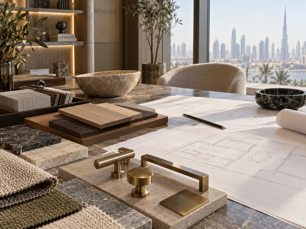 Wood veneer, stone and brass finish samples with working drawings on a client table
