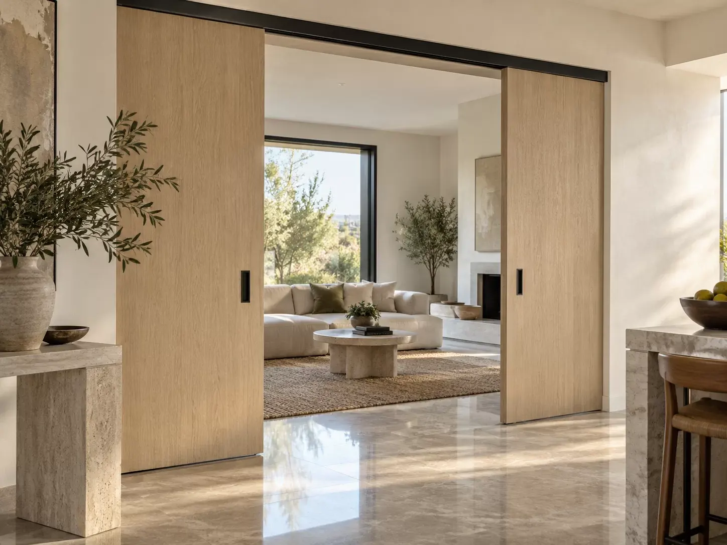 A sliding timber partition door separating two work areas in an office