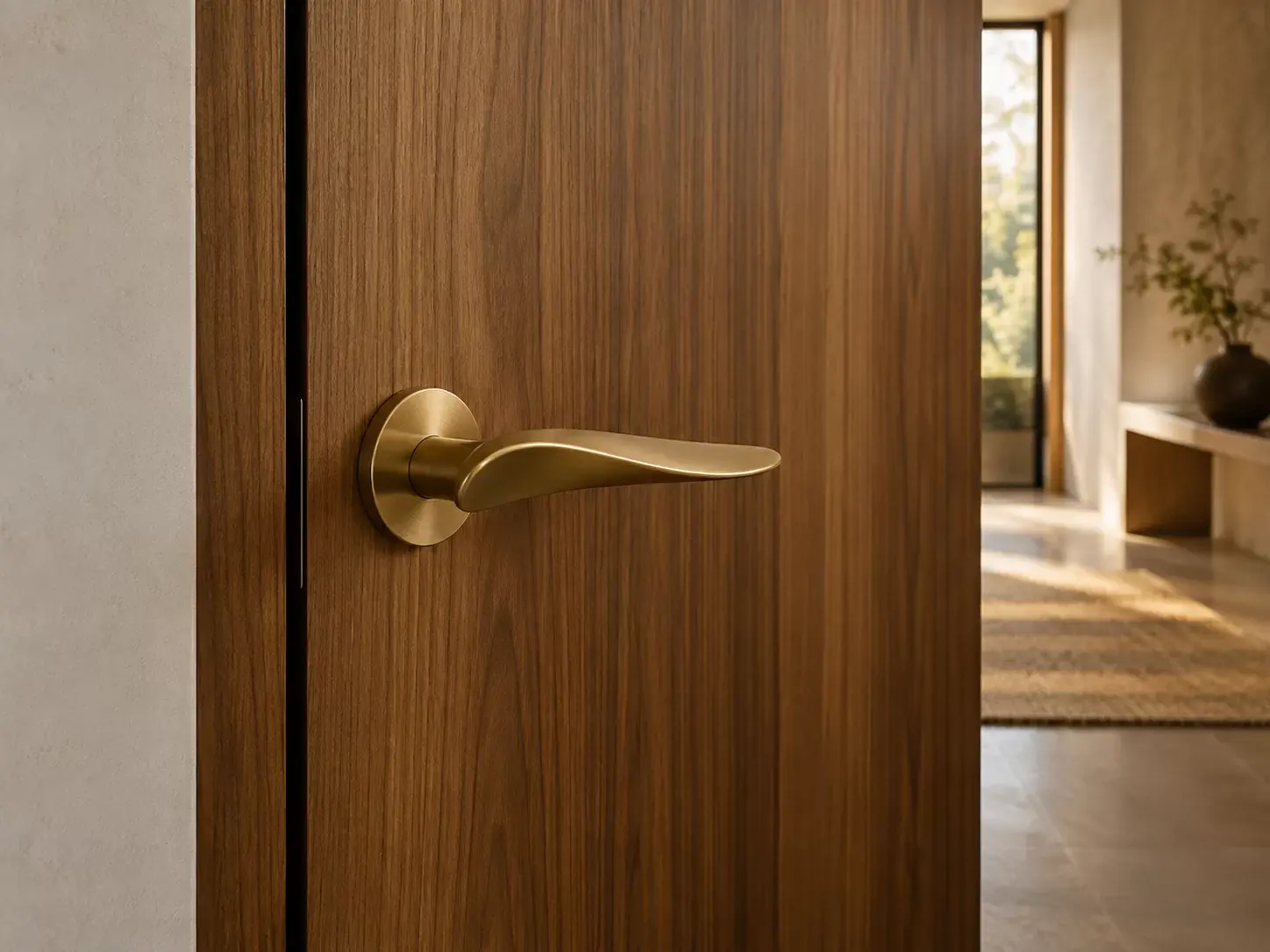 A brushed brass lever handle on a walnut veneer door with a shadow gap detail