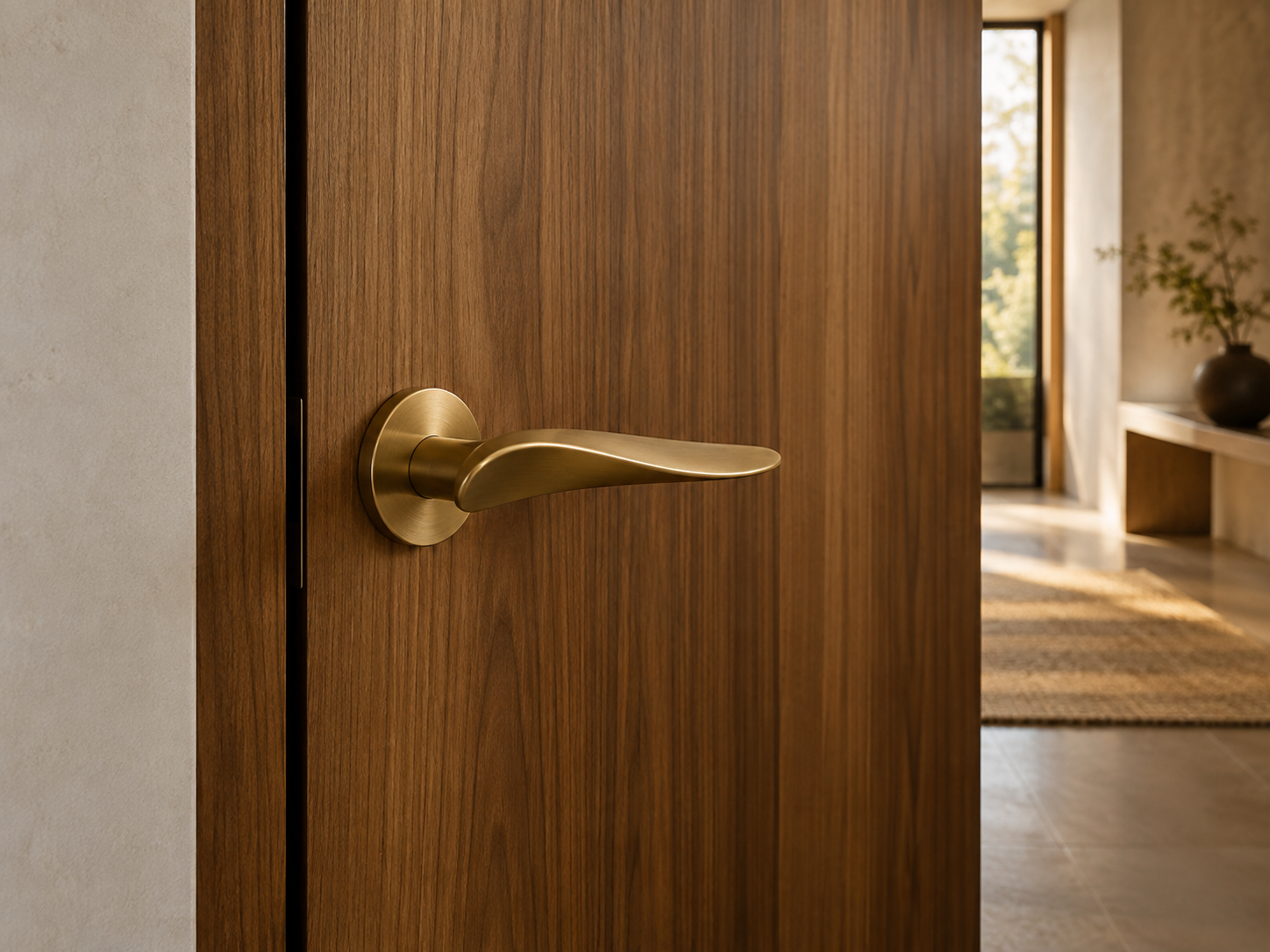 Brushed brass lever handle on a walnut veneer door with a shadow gap, a custom joinery detail