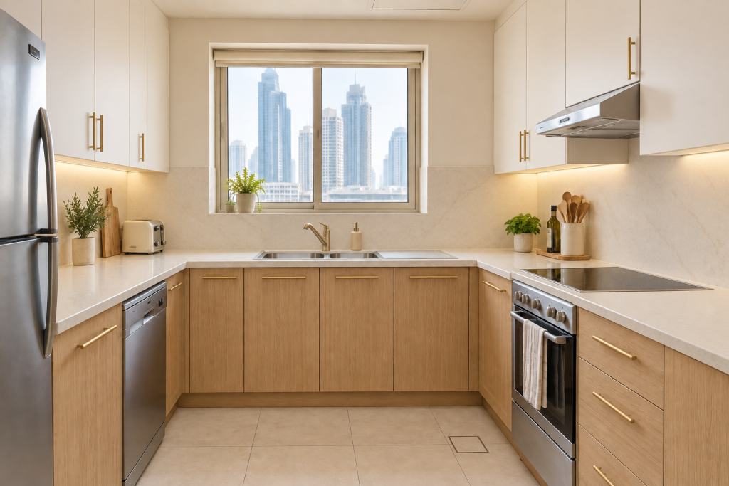 The same Dubai kitchen after a makeover, with flat light-oak cabinet fronts and brass handles