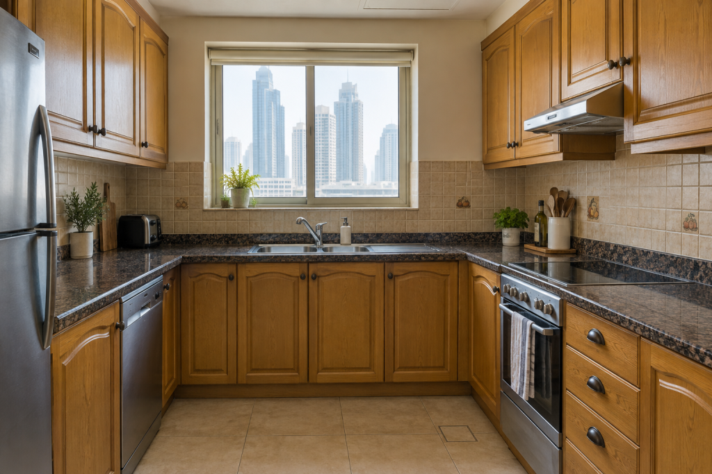A traditional oak kitchen in Dubai before a makeover, with dark granite worktops