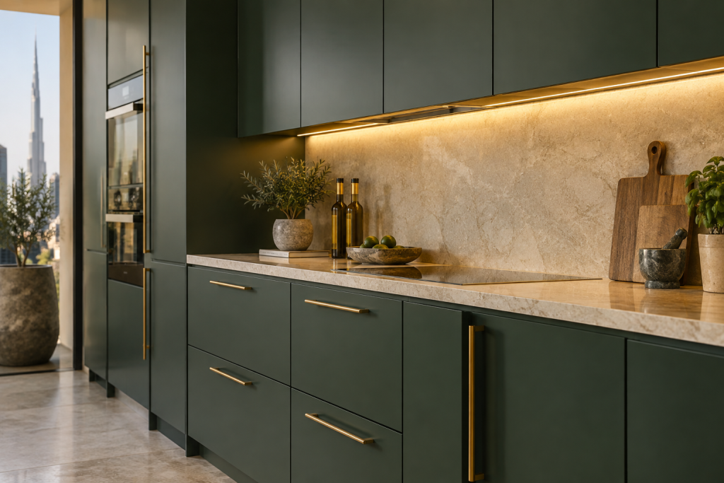 Dark green matte kitchen cabinet fronts with brushed brass handles in a Dubai makeover