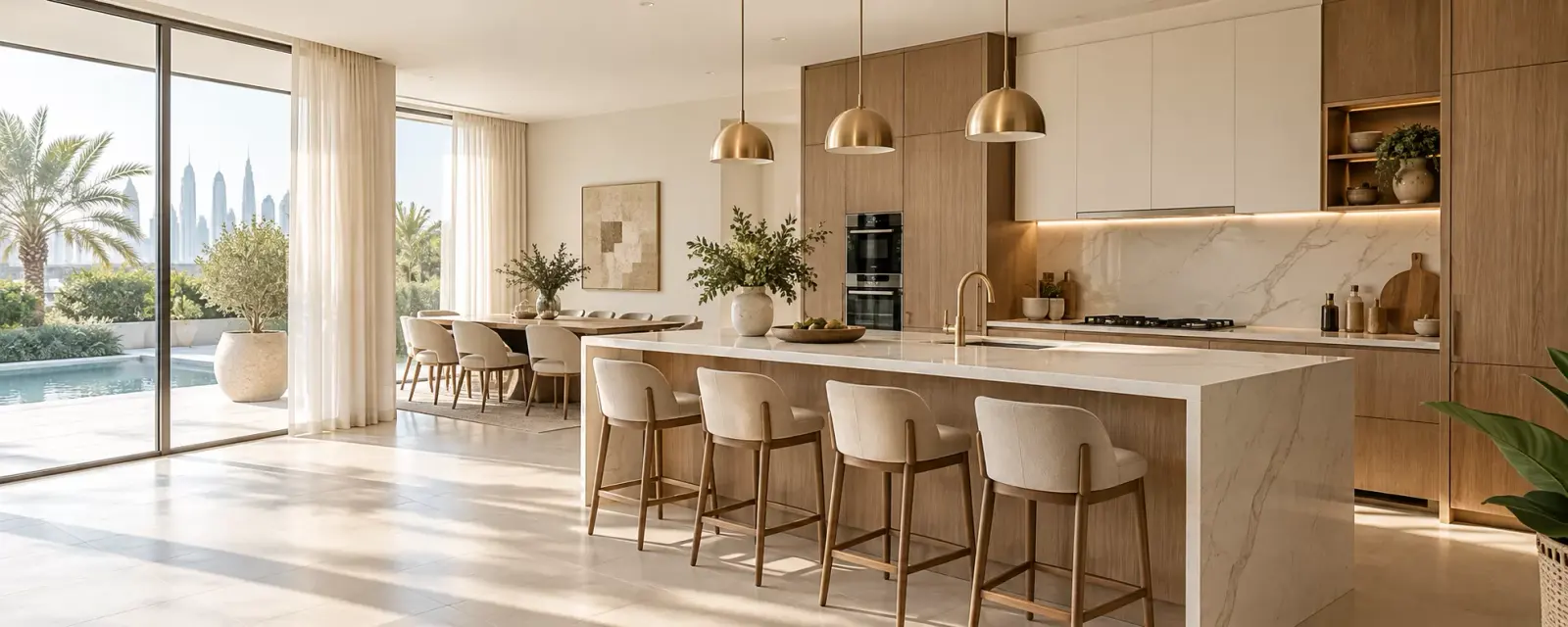 A completed kitchen joinery and fitout in a Dubai villa, with a large island and fitted cabinetry