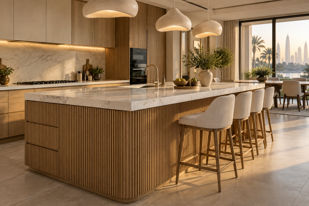 A large kitchen island with a fluted timber base, marble top and bar seating