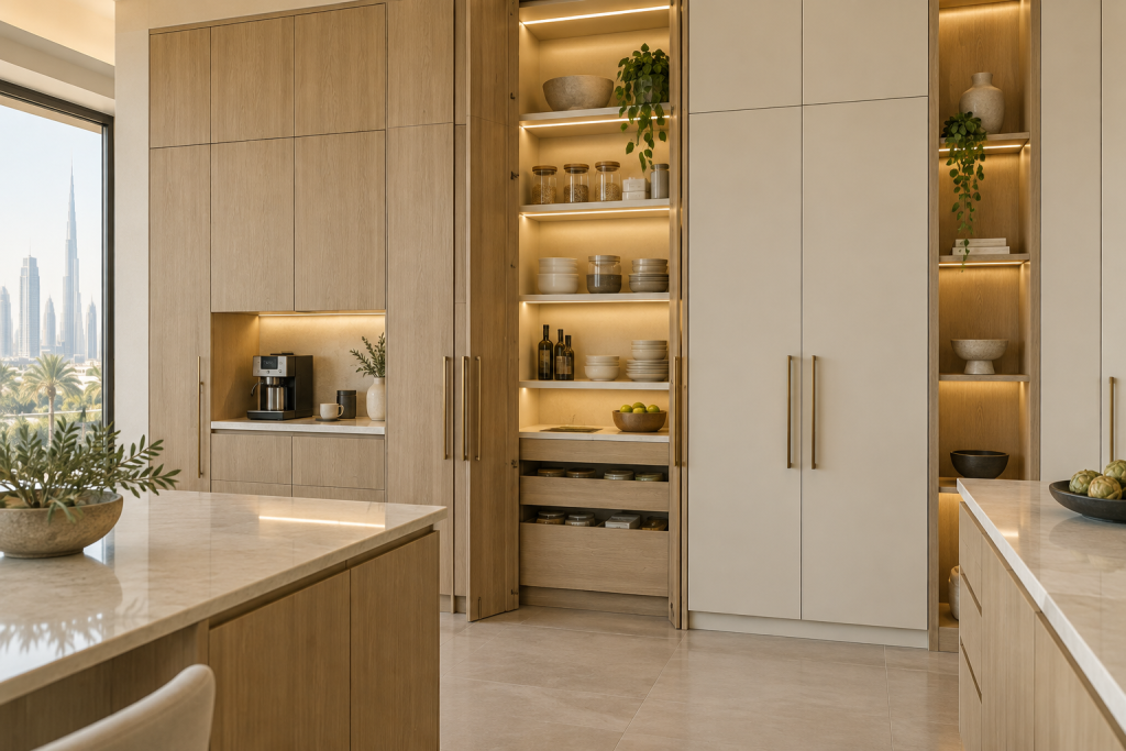A walk-in pantry with lit open shelving and tall oak storage in a Dubai kitchen