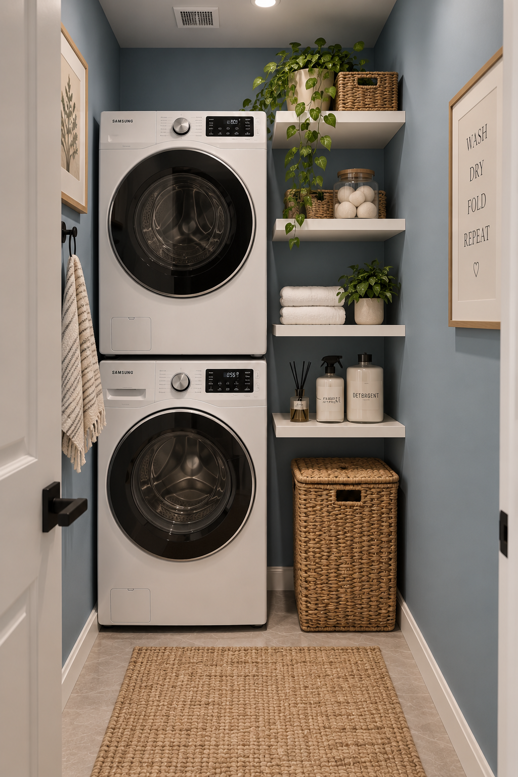 Laundry room storage in Dubai with a stacked washer and dryer and open shelves holding baskets, towels and detergent