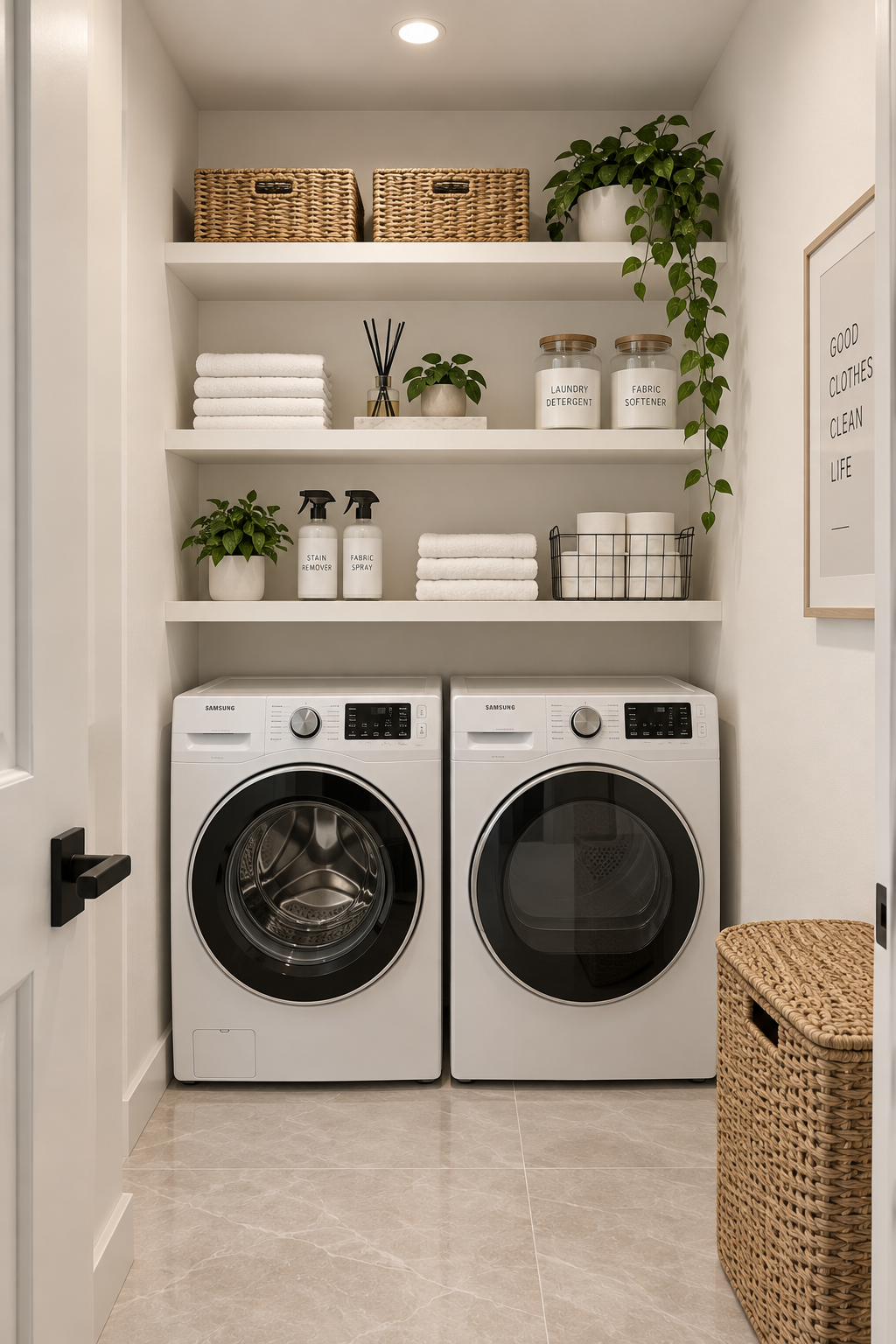 Open laundry room shelves above a washer and dryer, with wicker baskets, folded towels and storage jars