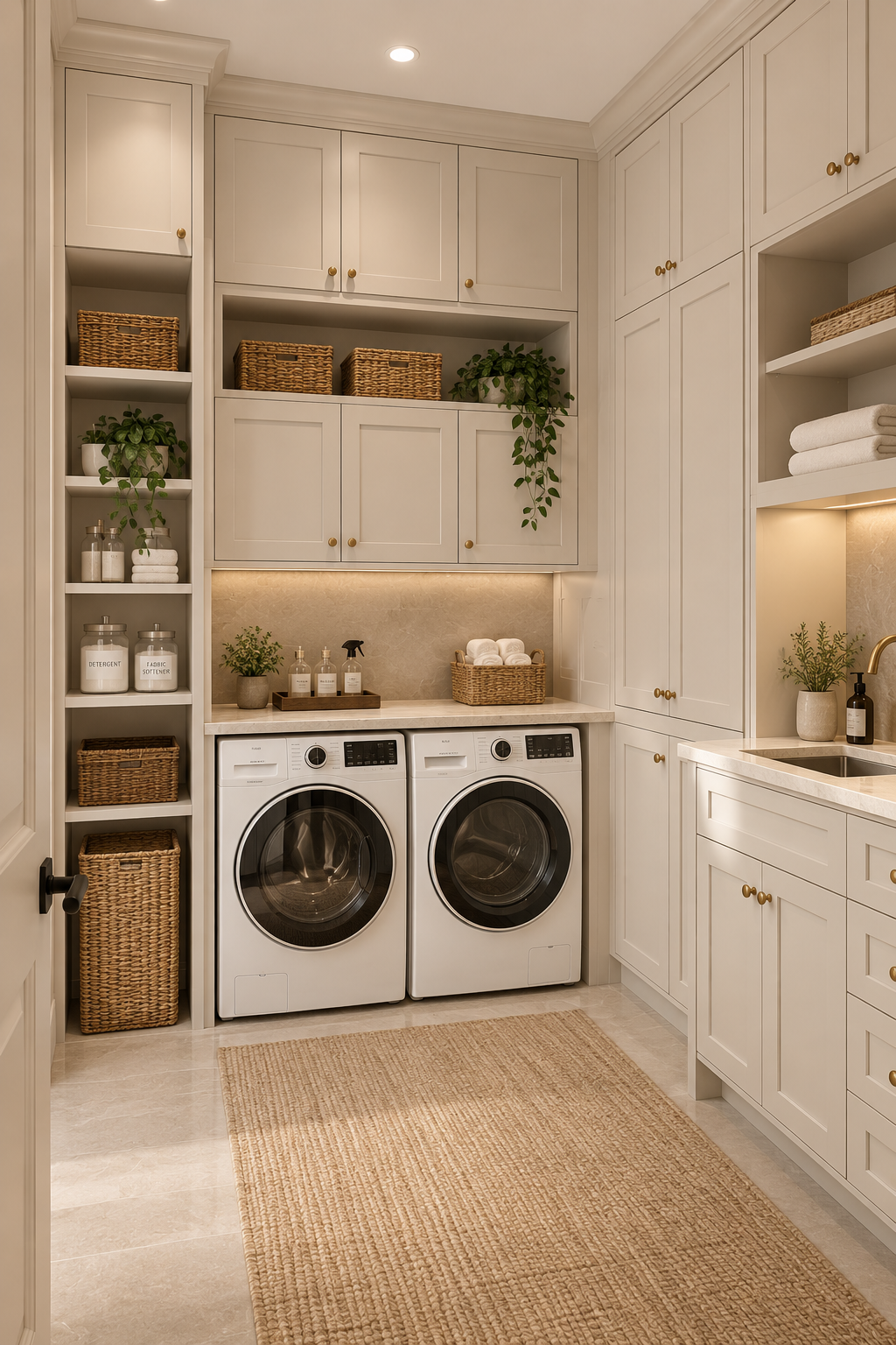 A laundry room in Dubai with tall fitted cabinets, open shelving, two appliances side by side and a sink