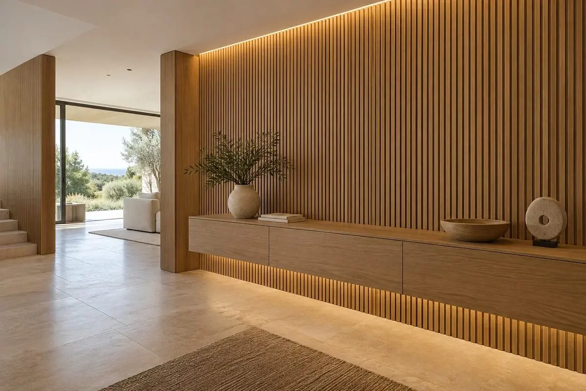 A warm oak slatted feature wall with a floating console and concealed lighting