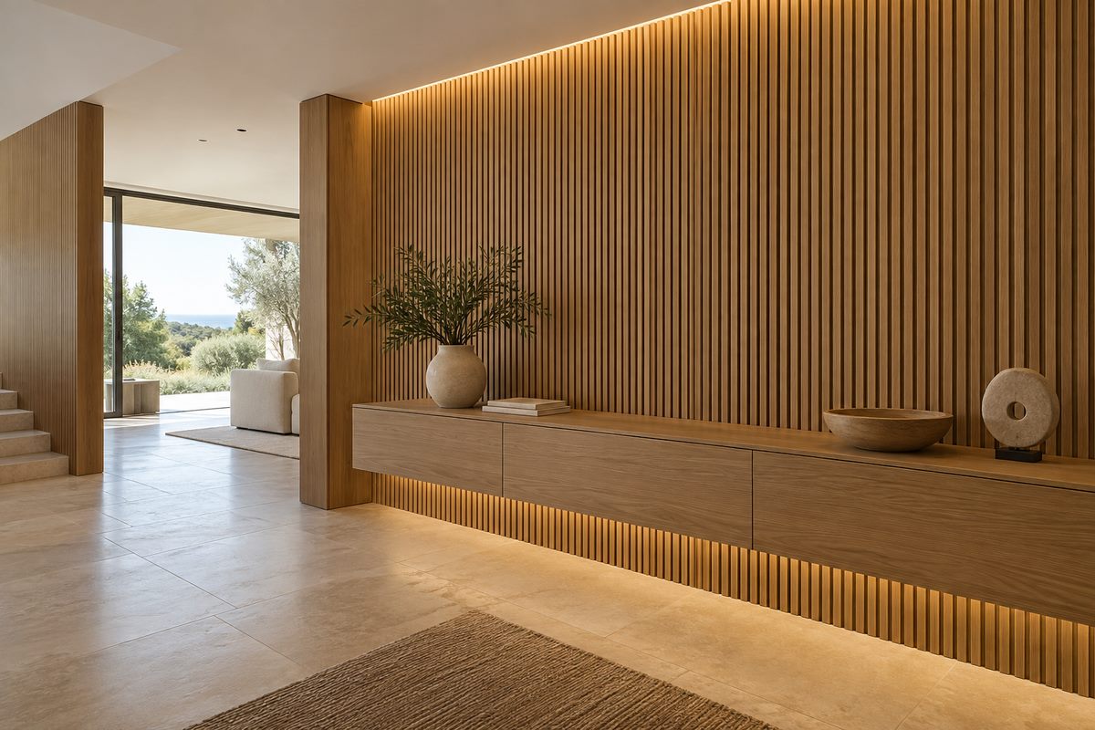 Custom woodwork: a warm oak slatted feature wall with a fitted floating console and concealed lighting