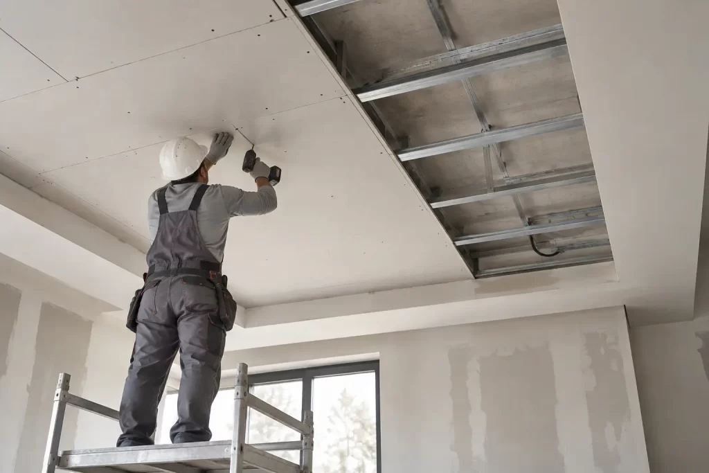 A fitter fixing gypsum board to a suspended ceiling grid during gypsum works