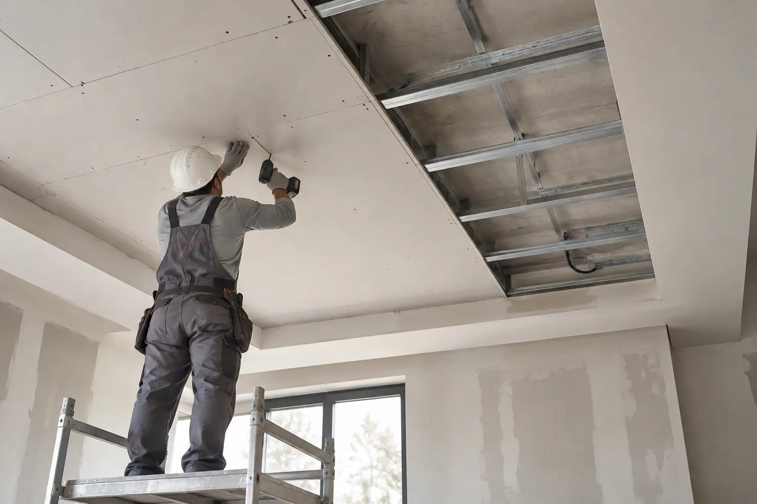 A fitter fixing plasterboard to a suspended ceiling grid during an office renovation