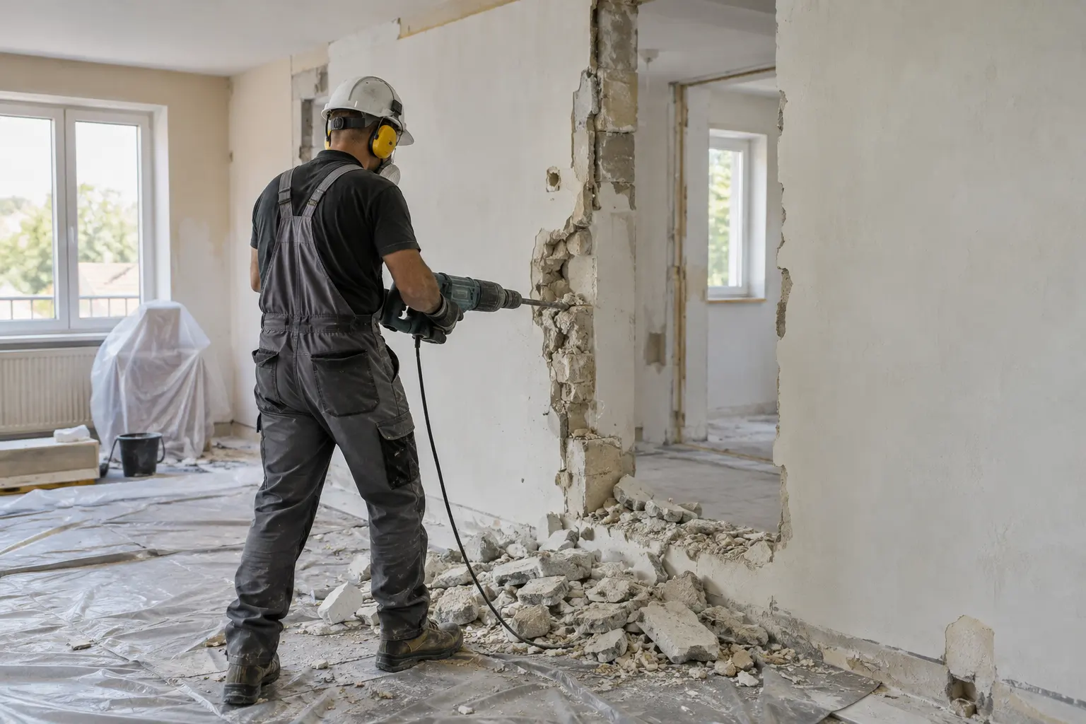 A partition wall being broken out with a hammer drill during an office strip-out in Dubai