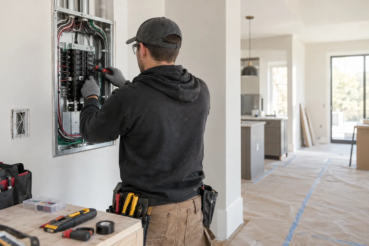 An electrician wiring a distribution board as part of an office refit
