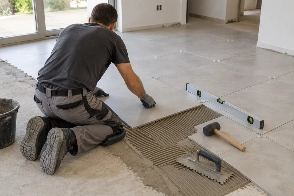 Illustration of tiling works: large-format porcelain floor tiles laid on a notched adhesive bed