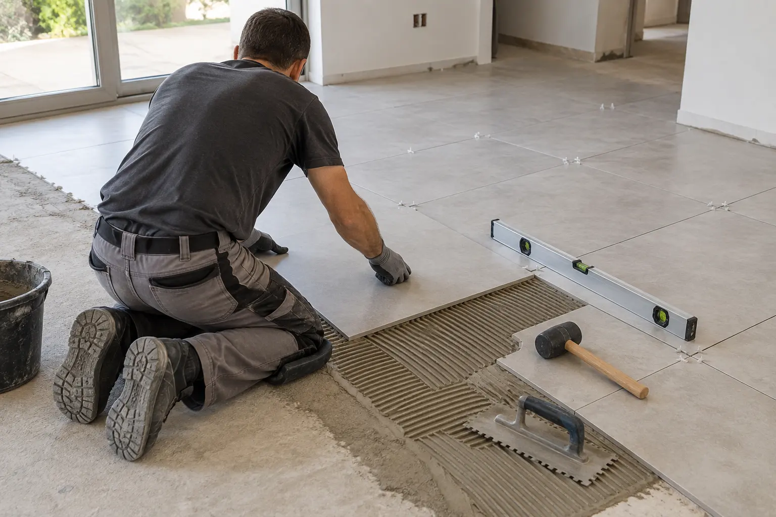 Large-format floor tiles being laid on a notched adhesive bed in an office