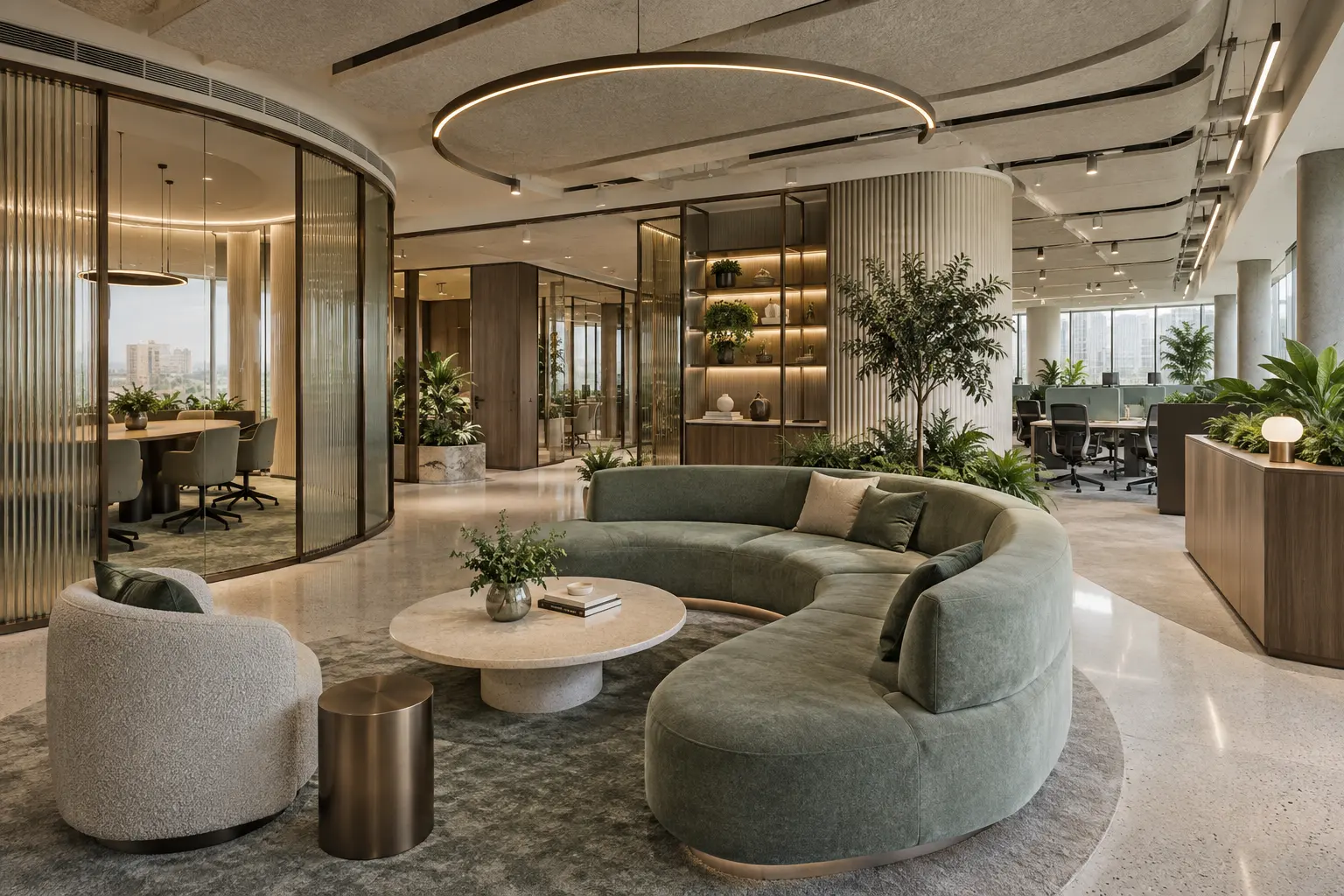The lounge of a completed office renovation, with a curved sofa and fluted timber screens
