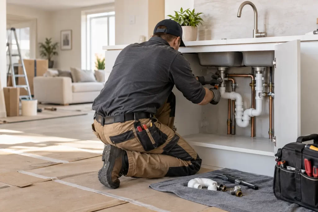 Plumbing connections being made under a sink during plumbing works