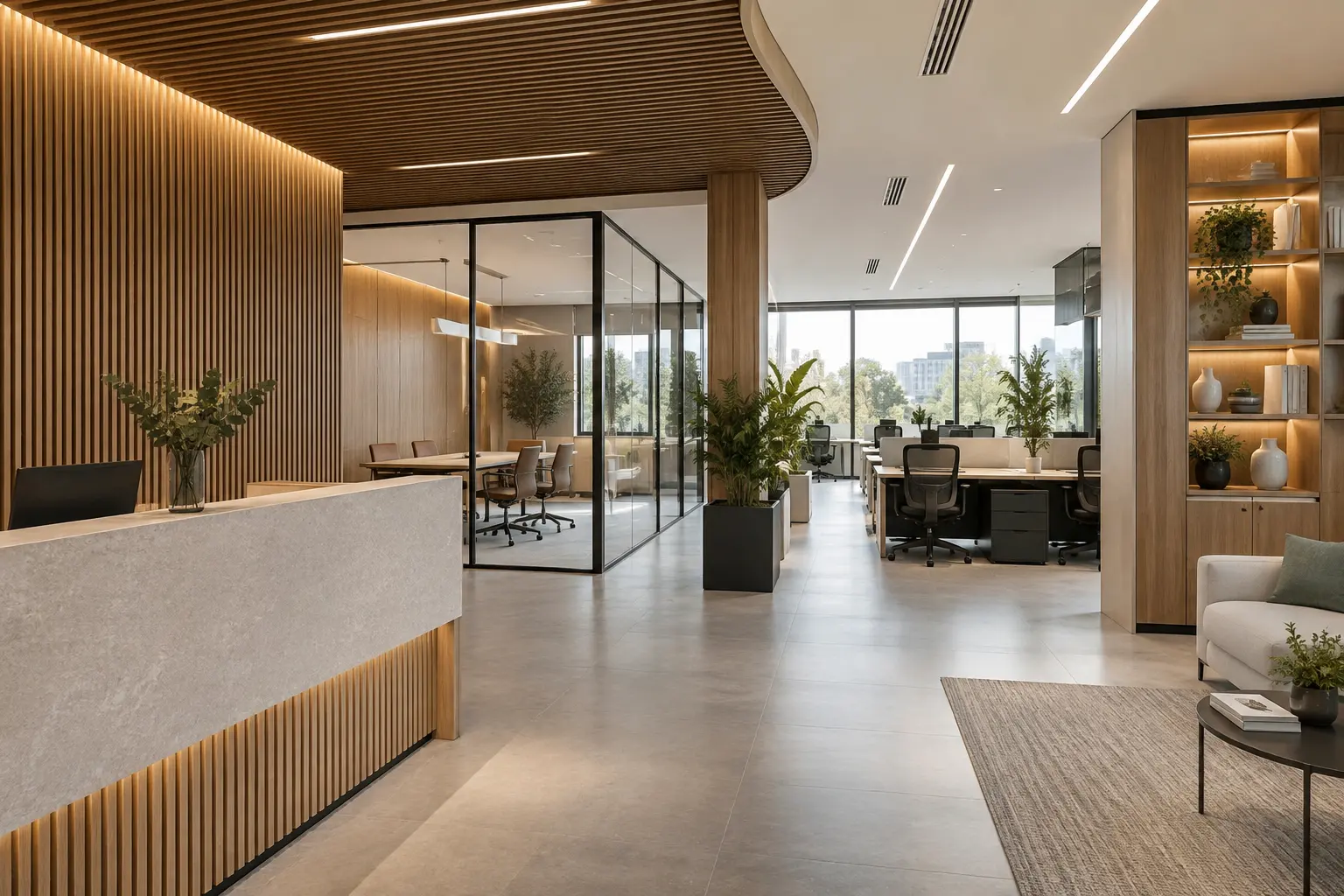 A completed office renovation: a stone reception counter with timber slats and a glazed meeting room