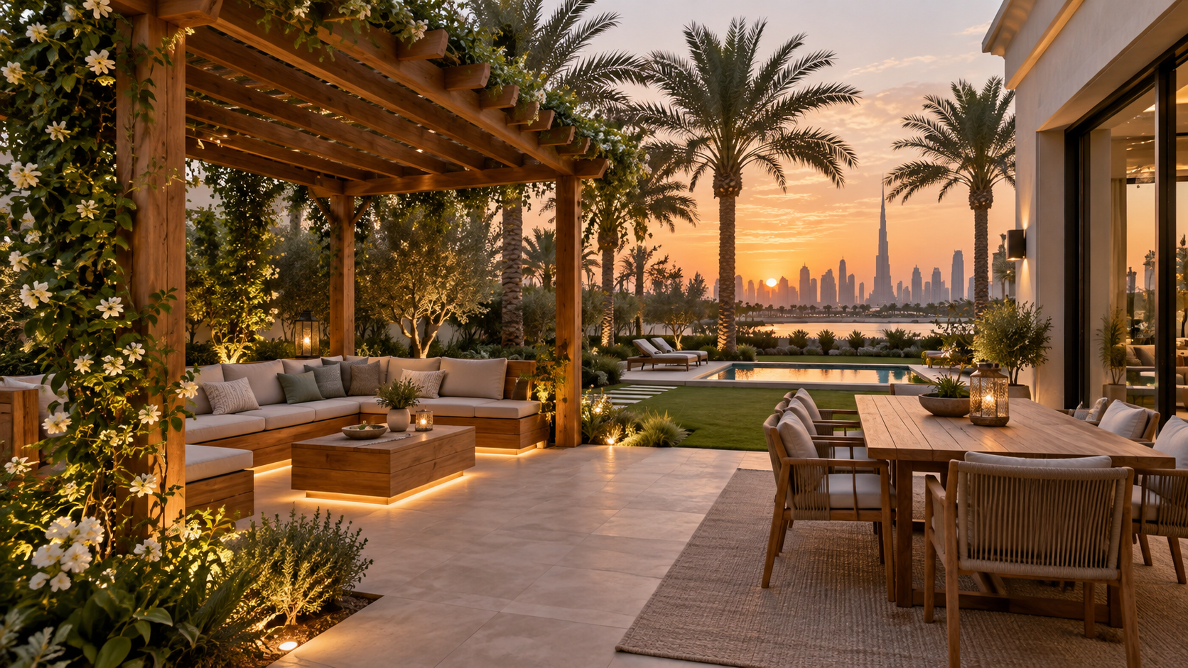 Outdoor furniture Dubai: a timber pergola with an adjustable slatted roof over a garden dining area