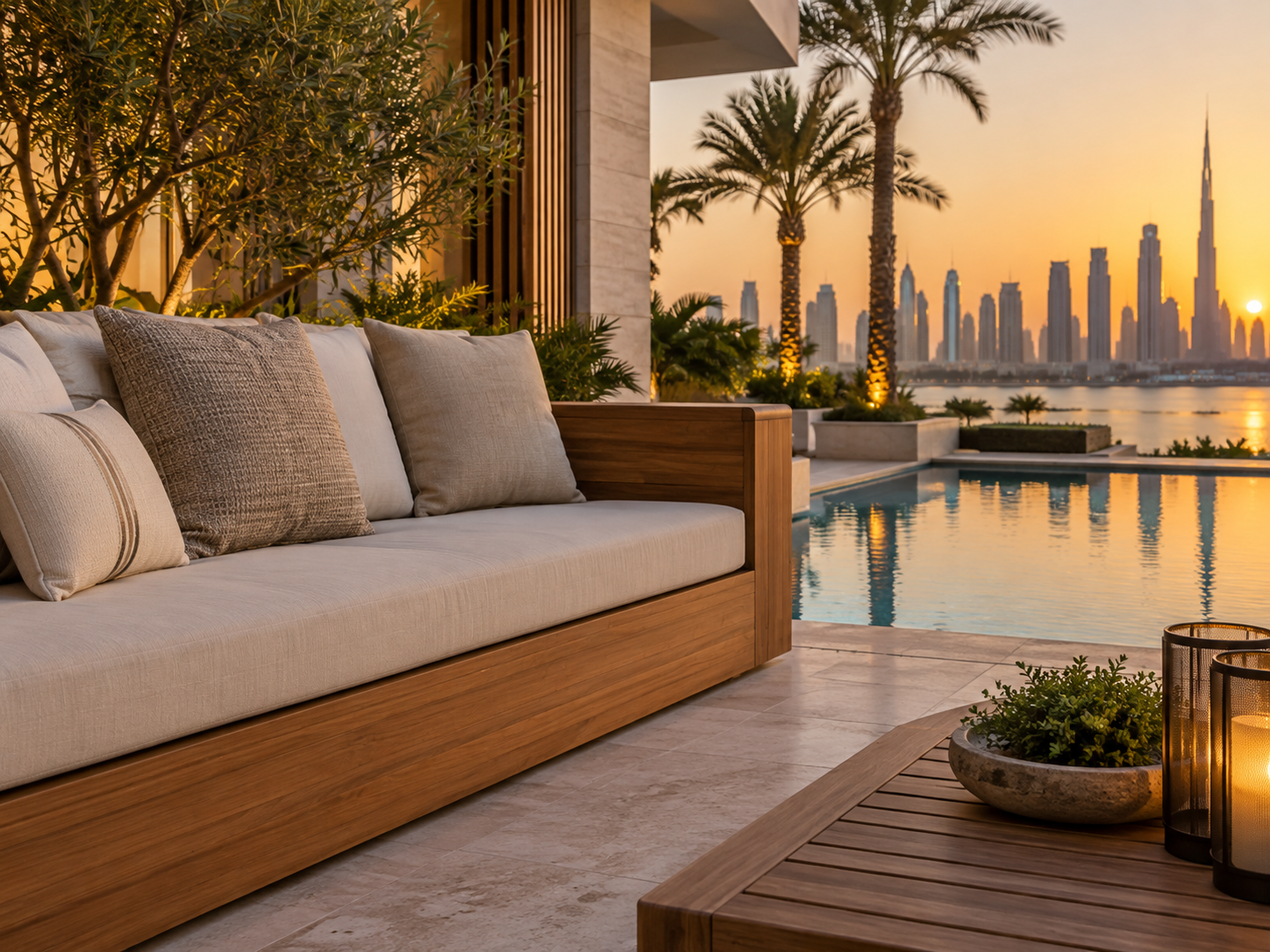 Built-in poolside bench seating in teak with quick-dry cushions