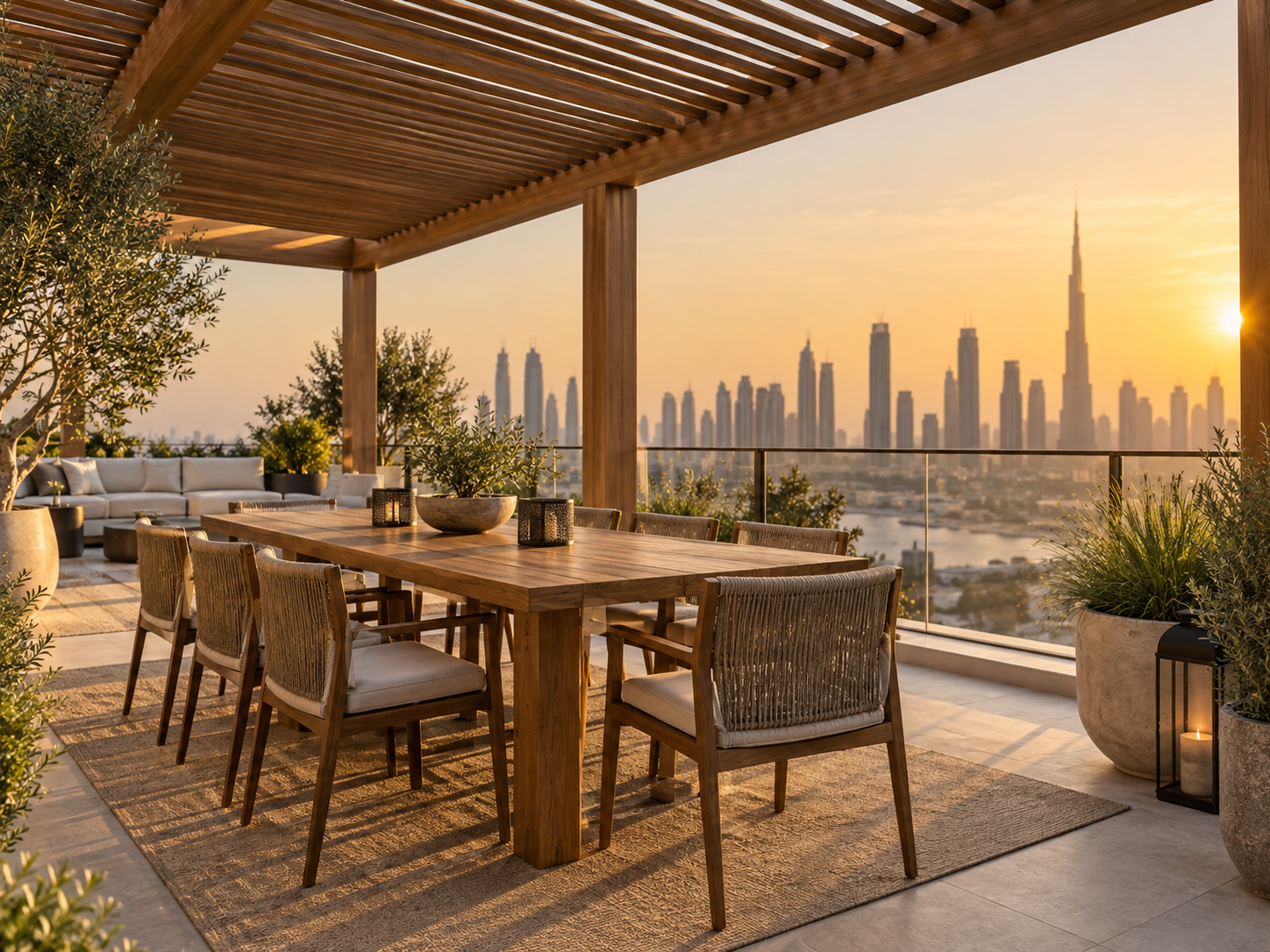 A rooftop pergola in iroko with stainless fixings, built for a Dubai roof terrace