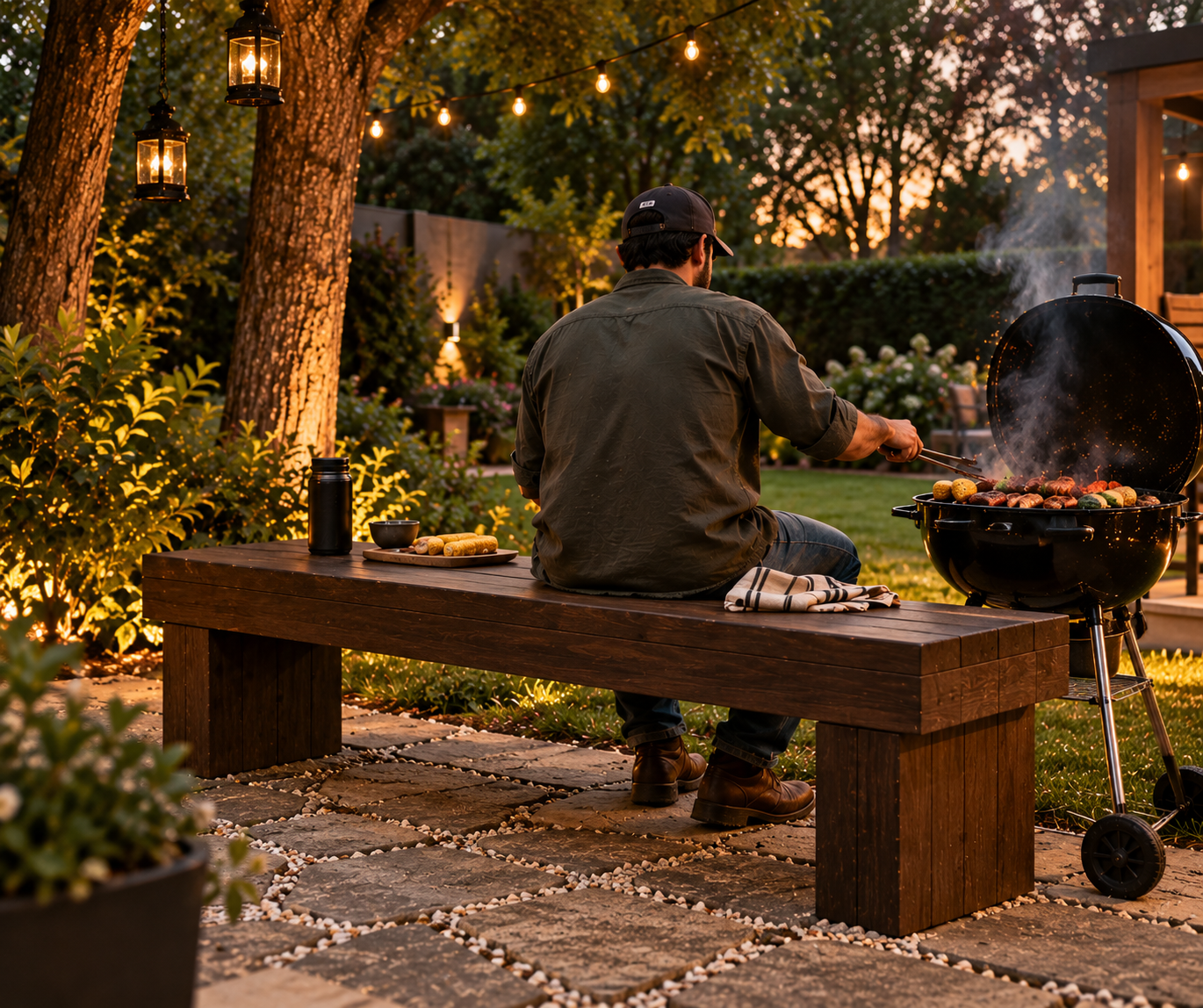 Custom made outdoor benches in dark stained timber, with a thick top and block legs on a paved patio