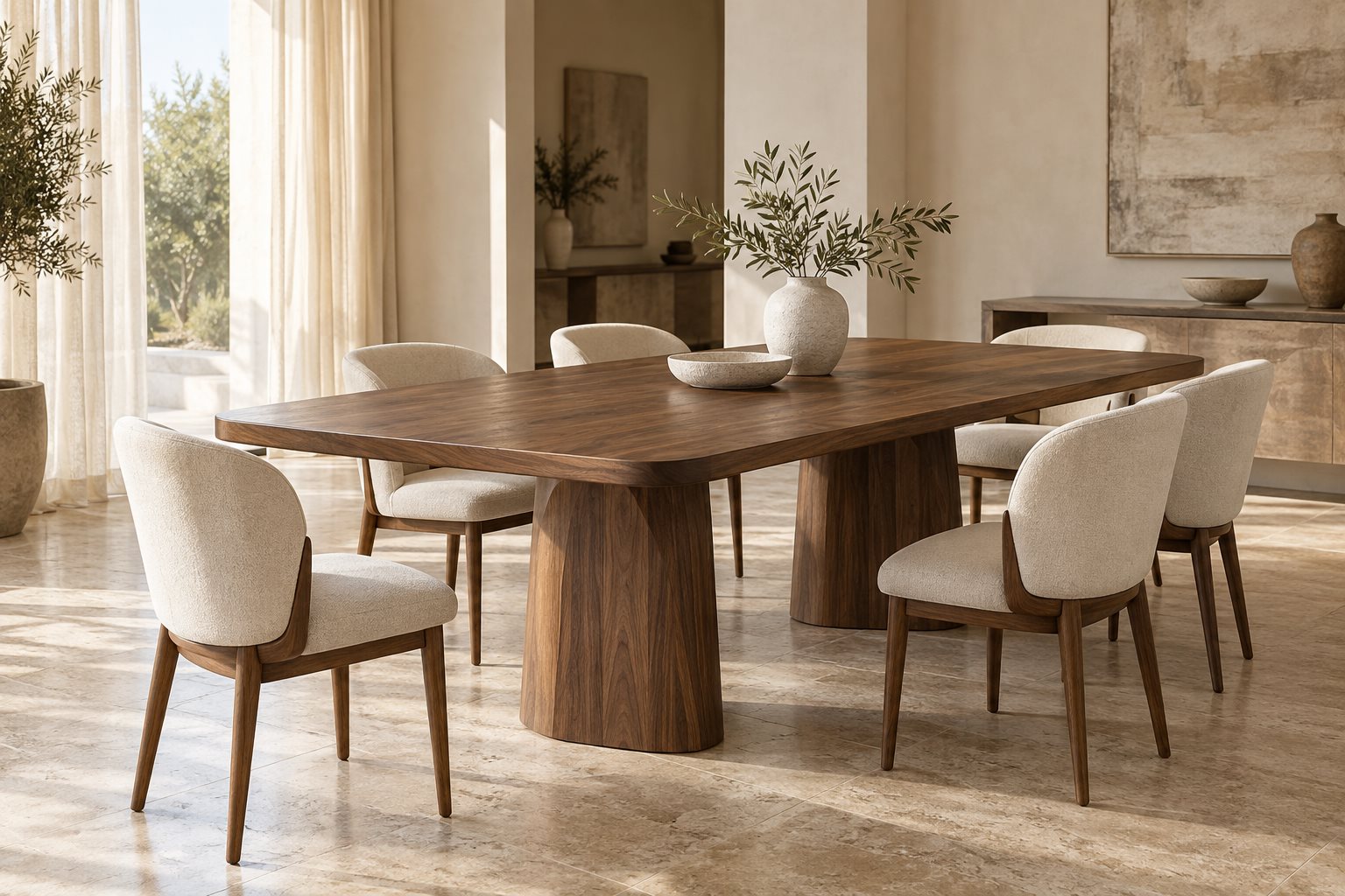 A custom rectangular dining table in dark wood, with twin pedestal legs and six upholstered chairs