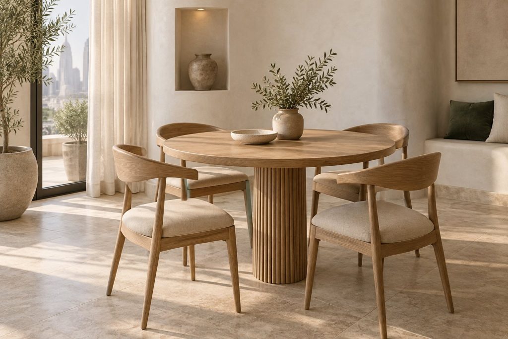 A custom round dining table in light wood, with a fluted pedestal and four upholstered chairs
