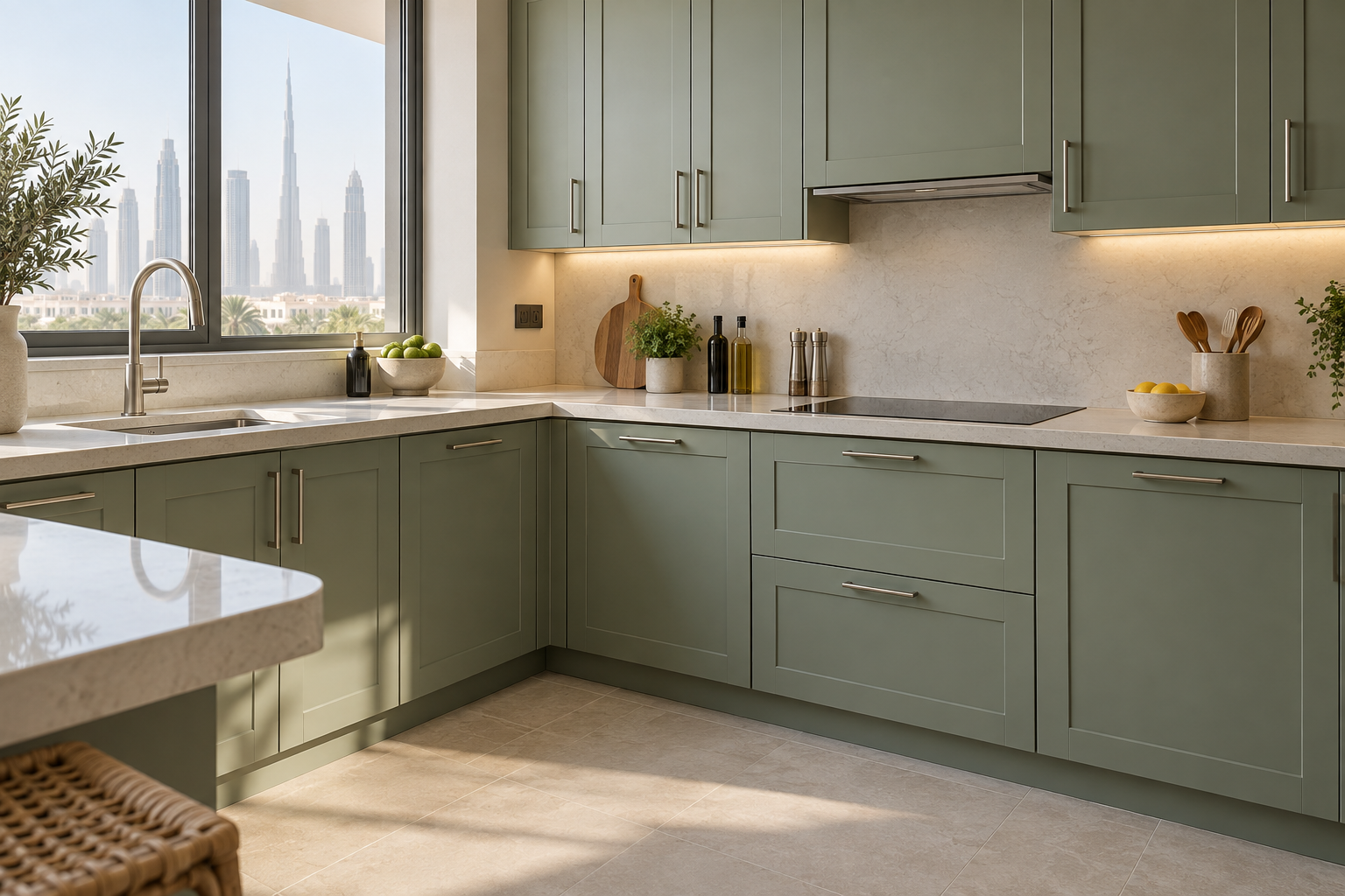 Sage painted shaker replacement kitchen doors with framed panels and brushed metal handles.