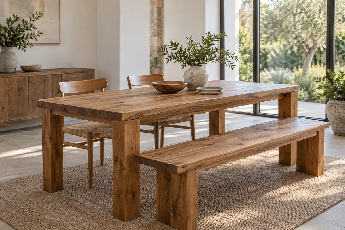 Custom furniture in Dubai: a solid timber dining table with a matching bench and two wooden chairs