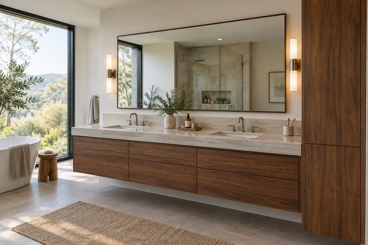Bespoke bathroom furniture in a family room: a twin-basin vanity in pale blue with wall lights and two mirrors