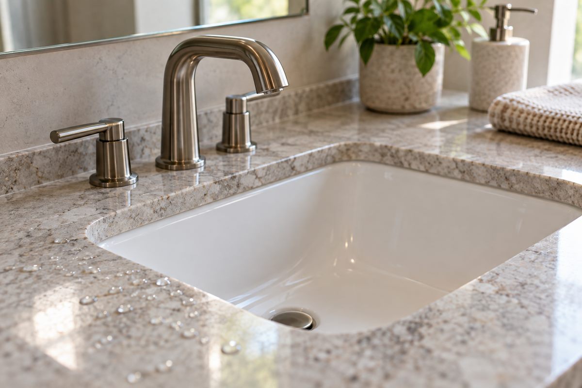 Undermount white basin fixed beneath a stone countertop with a sealed cut edge