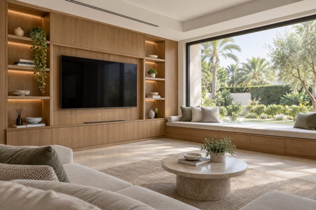 Architectural design services in Dubai: a fitted media wall and window seat in a villa