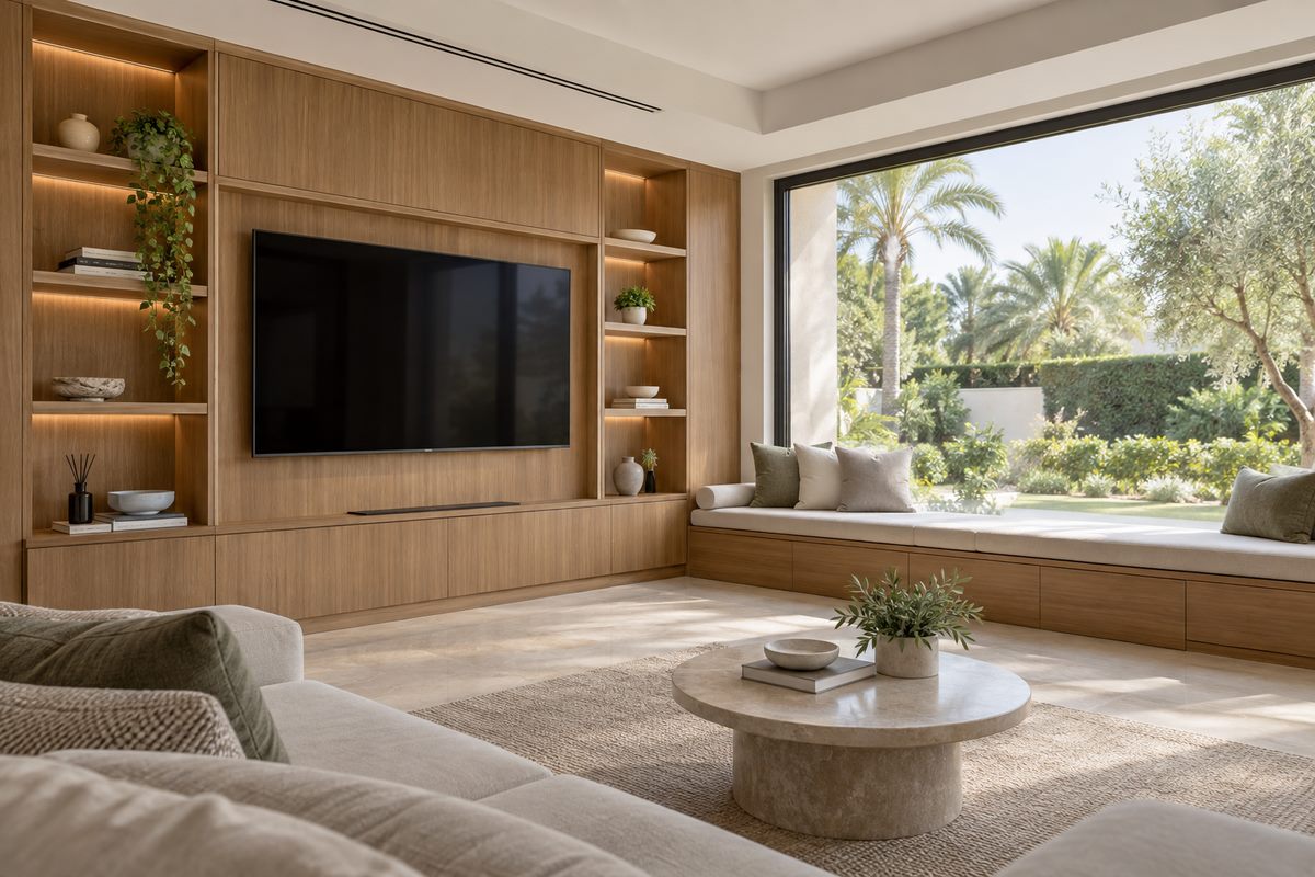 Fitted media wall and window seat in a Dubai villa, one of the areas we serve