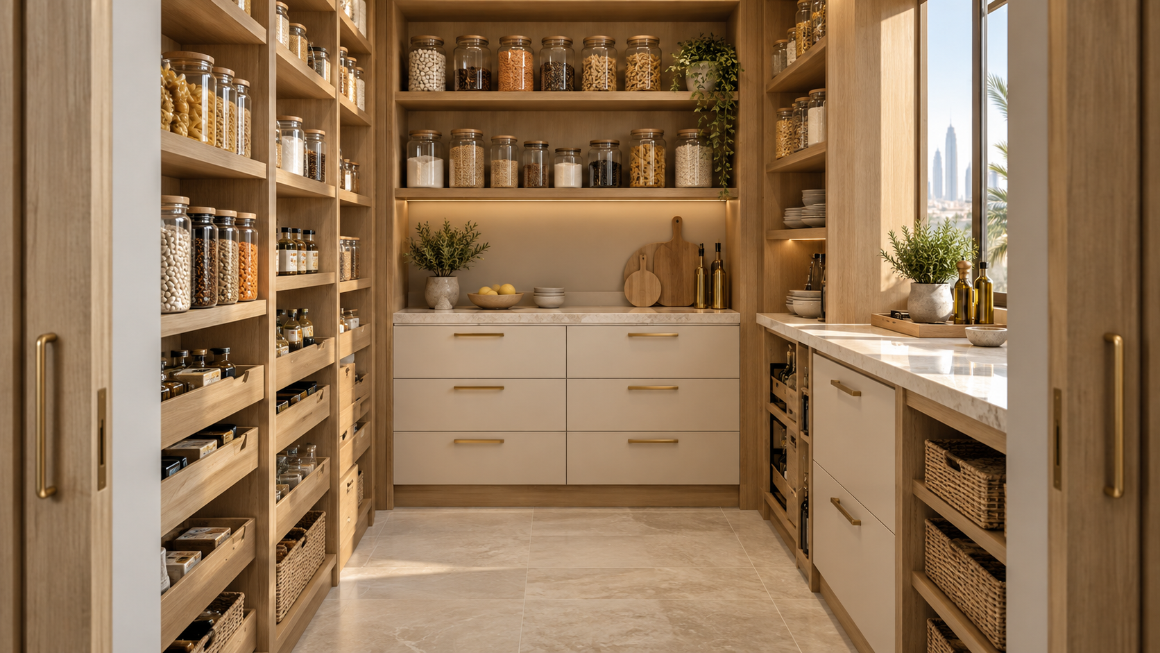 Walk-in pantry with oak pull-out drawers, open food storage and a cream worktop.