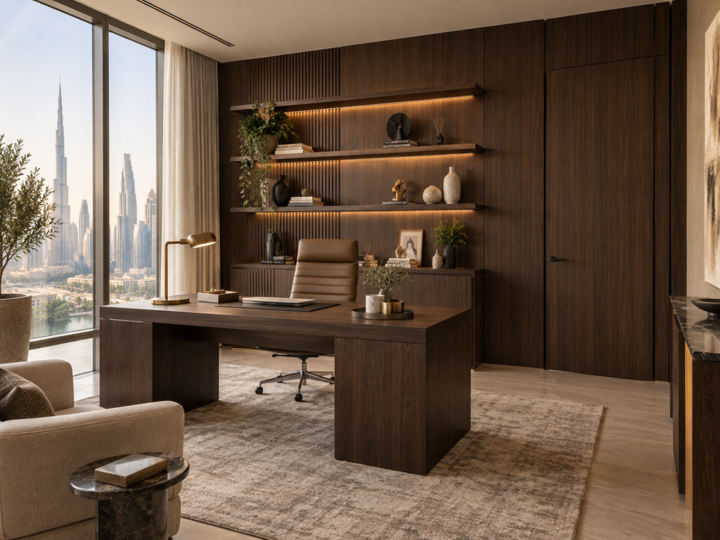 An executive office fit-out in Dubai with walnut veneer wall panelling and concealed-lit shelving